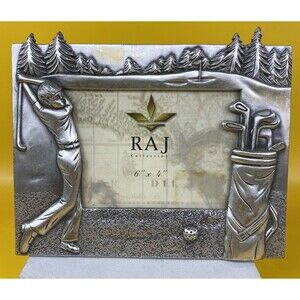 RAJ COLLECTIONS Golf Picture Frame Pewter  6" x 4" Photo - Golfer and Clubs
